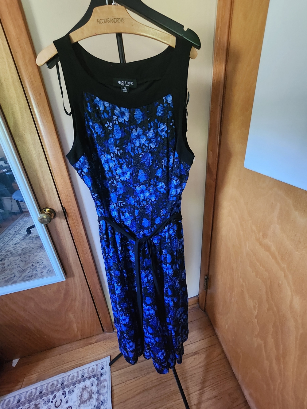 Perceptions Black and Blue Floral Belted Midi Dress XL